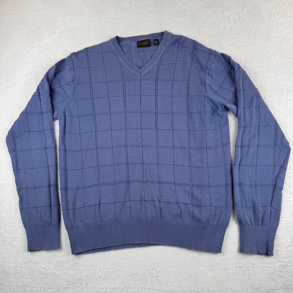 Joseph Abboud V-Neck Sweater Mens Large Blue 100% Pima Cotton Grid Textured Knit